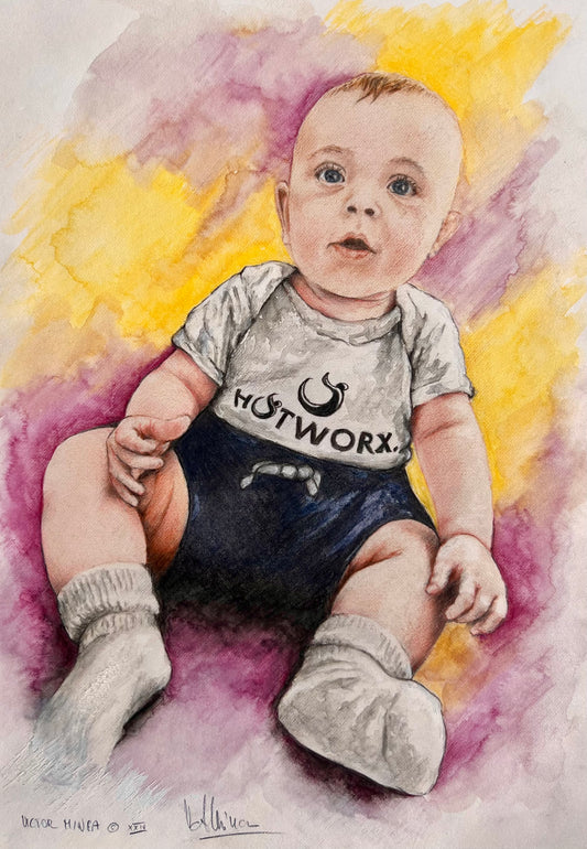 featuring a charming and lifelike portrayal of an infant in watercolor and colored pencils. The image captures the warm, intimate presence of a young child and is inspired by an ad for Hotworx of Fort Walton Beach.